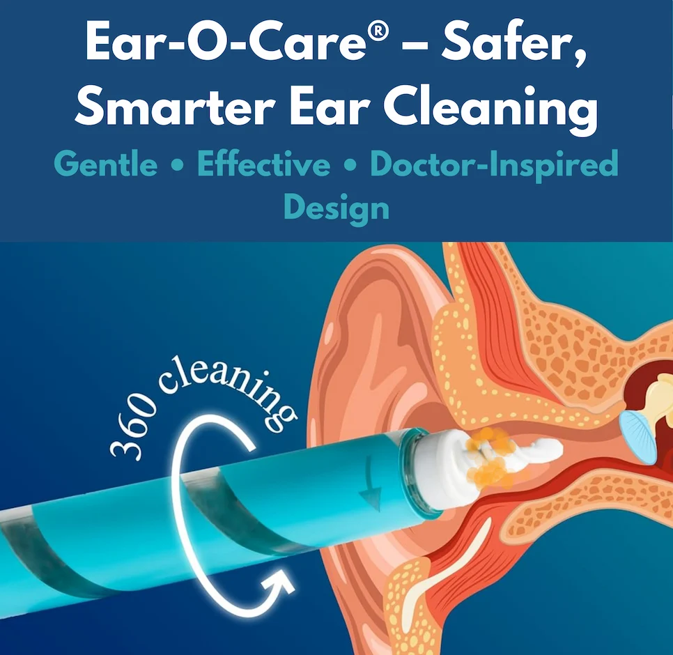 ear-o-care 360-degree spiral earwax removal tool shown inside ear with anatomical illustration