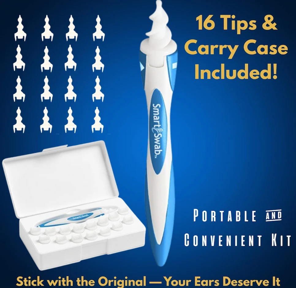 smart swab ear cleaning kit opened in case with handle and 16 spiral tips
