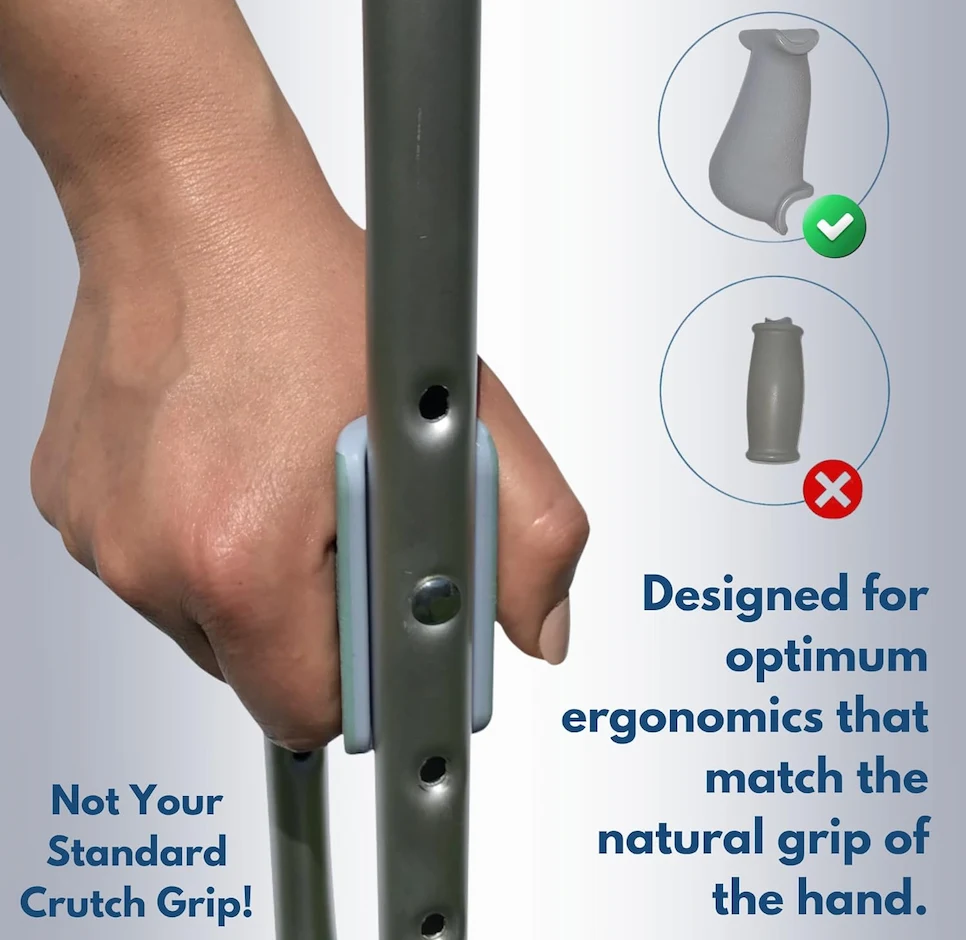 hand holding Ergowalk crutch with Ergo Grip highlighting stain-free finish