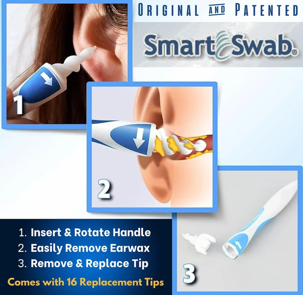 three-step smart swab ear cleaning process showing insert, twist, and replace tip