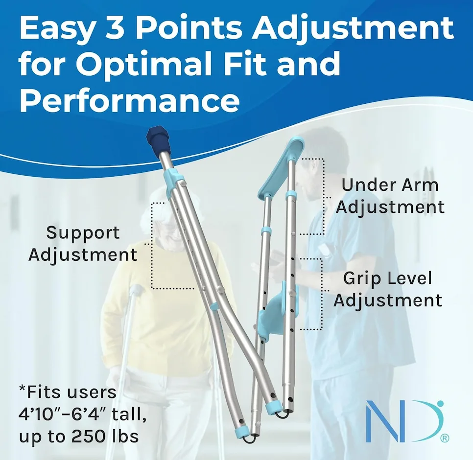 ergowalk crutch highlighting three adjustment points for customizable height and angle