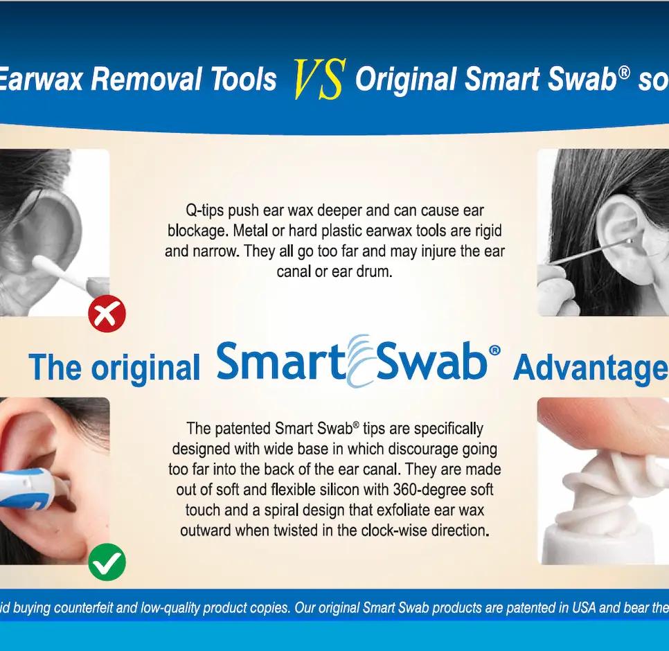 comparison of traditional cotton swabs and smart swab kit showing safer ear cleaning method