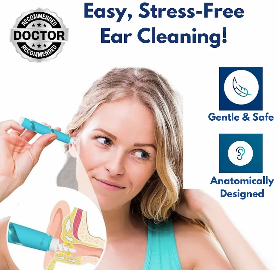woman using ear-o-care ear cleaning tool with ear anatomy illustration showing spiral tip action