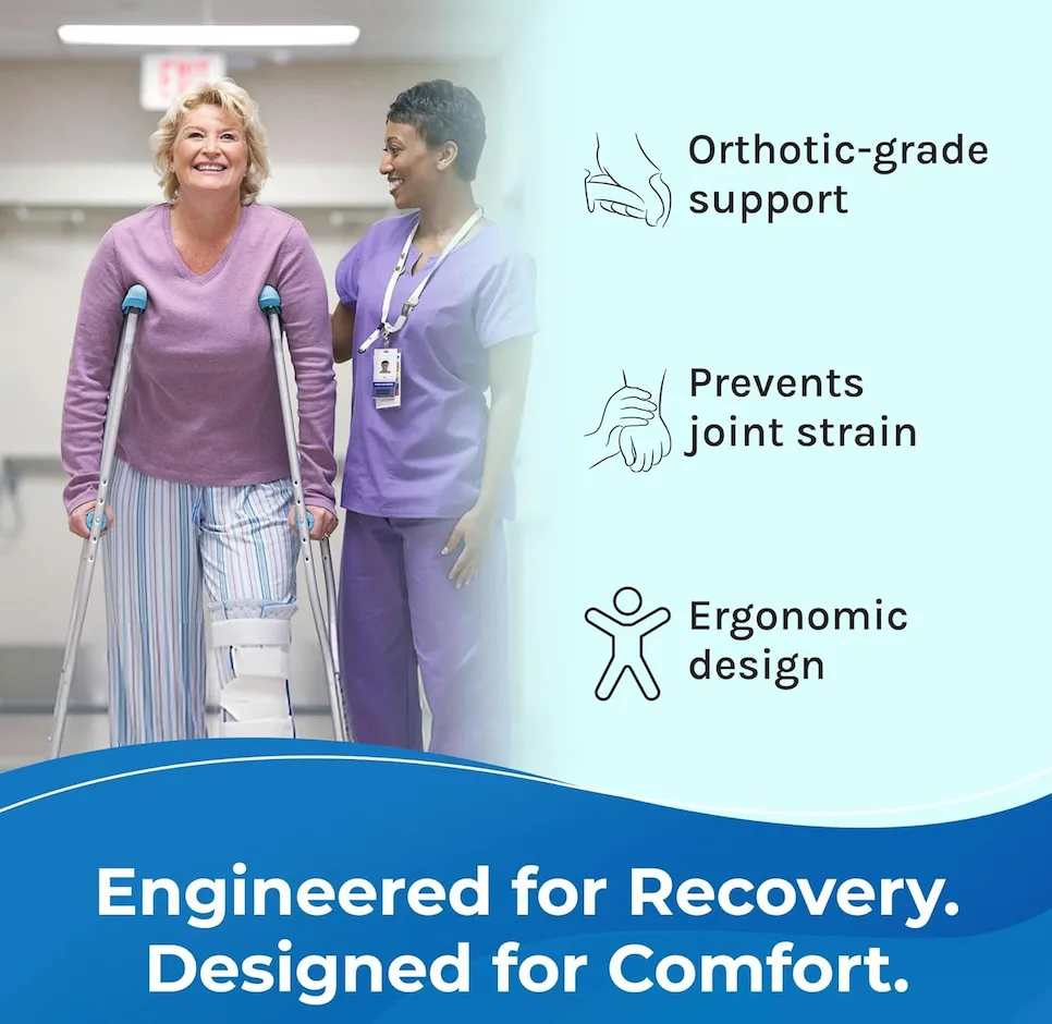 older woman using an ergowalk crutch with nurse assistance for recovery