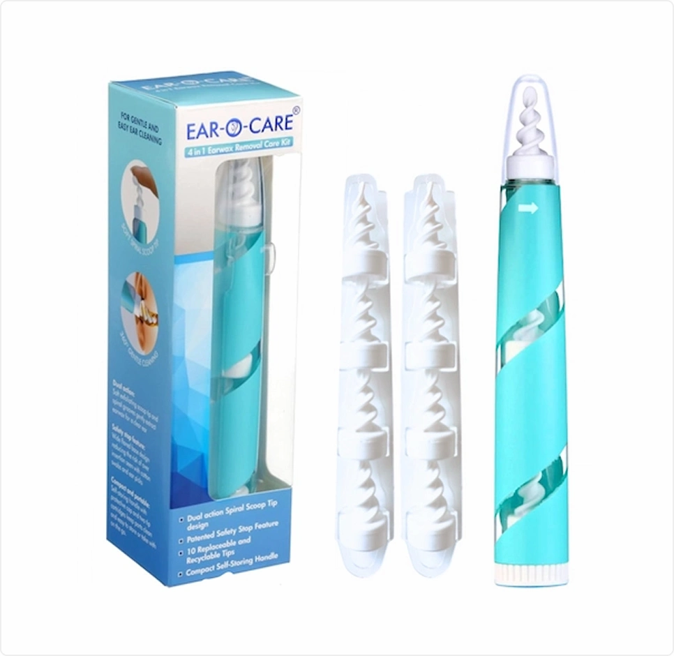 ear-o-care 4-in-1 earwax removal kit with spiral tips and kit box