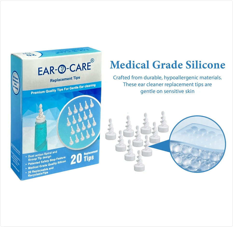 ear-o-care replacement tips box with tips arranged outside and close-up of one tip