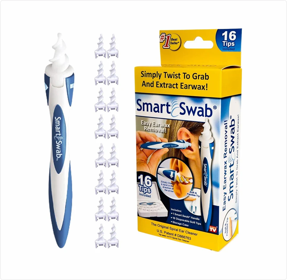 smart swab ear cleaning kit with case, handle, and spiral tips displayed outside